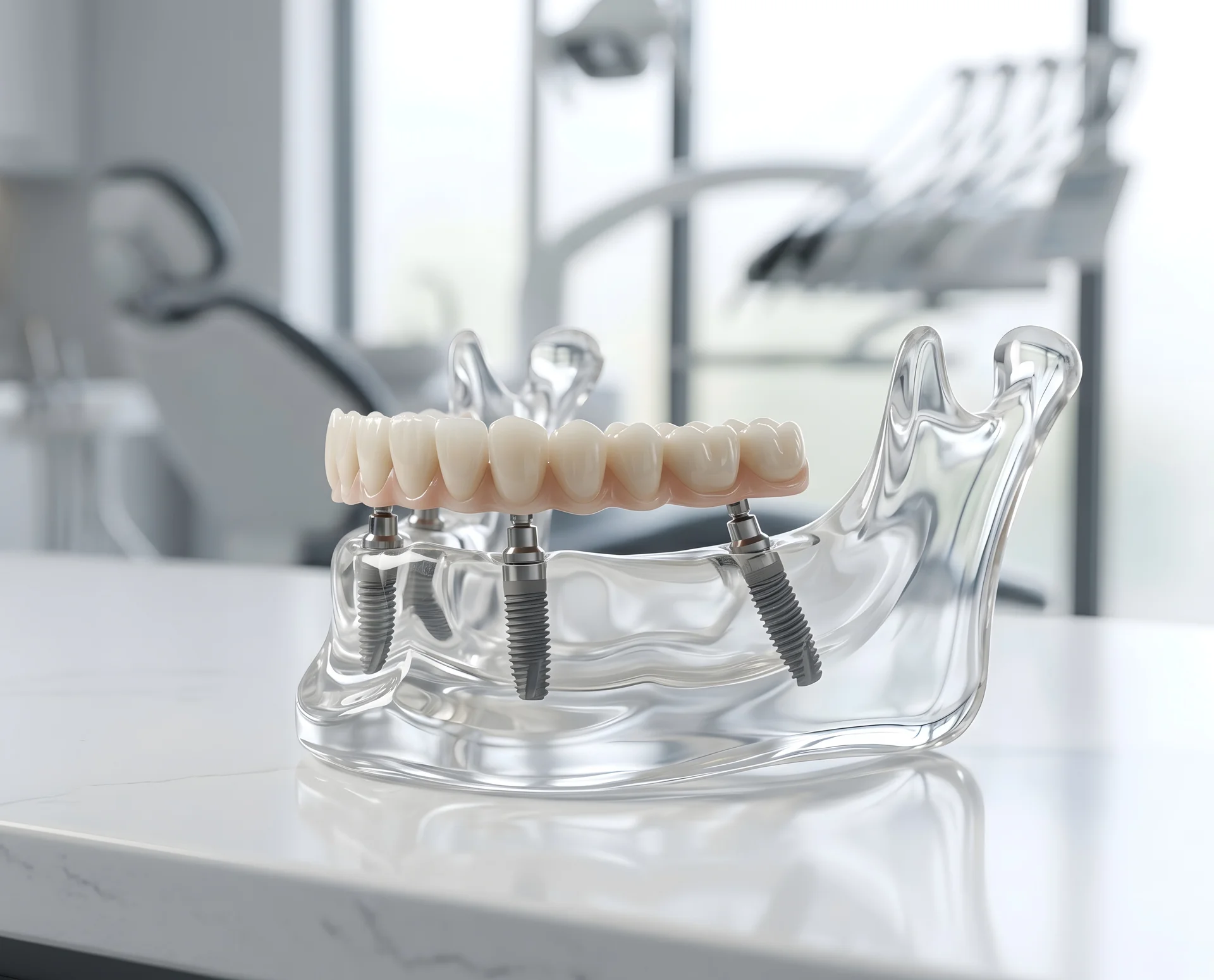 All-on-X full-arch implant model on a counter in a modern operatory