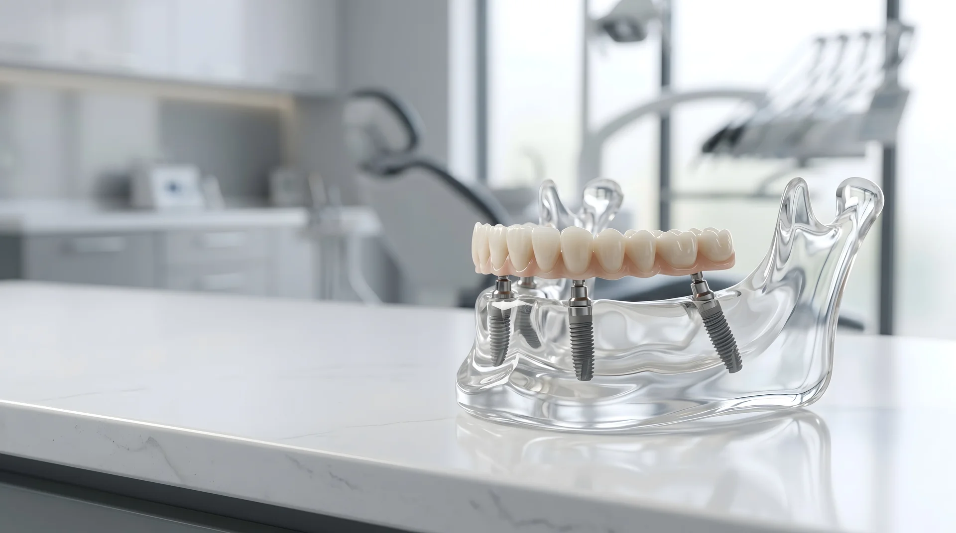 Smiling patient looking in a mirror during a dental visit