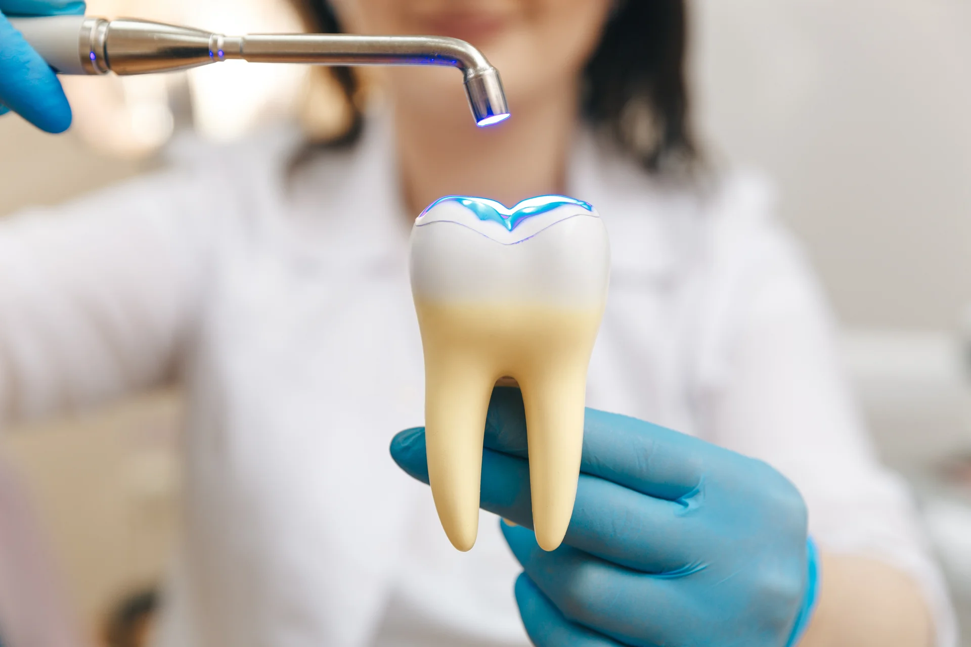 Dental curing light setting a tooth-colored filling on a tooth model