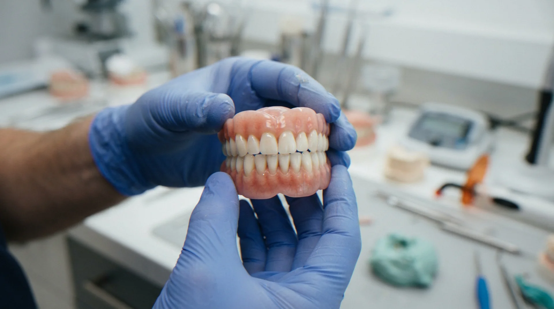 Gloved hands holding a full upper and lower denture in a dental lab